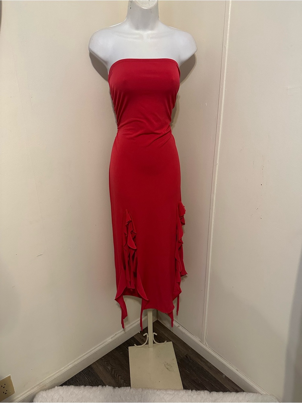 Strapless Red Ruffle Midi Dress